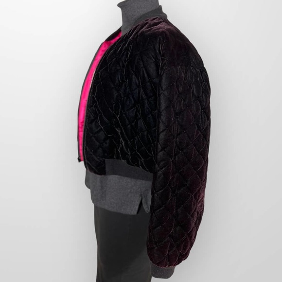 Small Vintage Velvet Bomber Crop DiamondQuilted Pockets Satin Fuchsia Lining - Picture 7 of 9